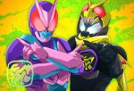  2boys adapted_costume animal_hood antennae blue_eyes bug commentary_request demon demon_boy grasshopper green_scarf highres hood kamen_rider kamen_rider:_beyond_generations kamen_rider_01_(series) kamen_rider_revi kamen_rider_revice kamen_rider_vice miyabi_(037) multiple_boys neo-batta_genome pink_armor pointing pose purple_armor reiwa rising_hopper scarf stamp_mark tokusatsu vistamp 