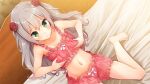  1girl artist_request artwhirl_mahou_gakuen_no_otome-tachi bangs bare_arms bare_legs barefoot bed_sheet blush closed_mouth cosette_(artwhirl) dutch_angle flower frilled_shorts frills frown game_cg green_eyes groin hair_between_eyes hair_flower hair_ornament long_hair manatsuki_manata midriff navel pink_shorts red_flower red_rose rose shiny shiny_hair short_shorts shorts silver_hair sitting solo stomach underwear underwear_only very_long_hair wariza 
