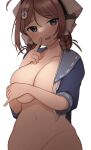  1girl arm_across_chest bandana blue_eyes blue_shirt blush bottomless braid breasts brown_hair chougei_(kancolle) cleavage convenient_arm crop_top eyebrows_visible_through_hair finger_to_face hair_ornament hair_rings hand_up highres index_finger_raised kantai_collection kirisawa_juuzou large_breasts long_hair looking_at_viewer naked_shirt navel no_bra open_mouth sailor_collar shirt short_sleeves twin_braids upper_body whale_hair_ornament white_background 