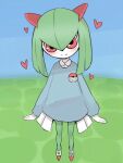  &lt;3 2_horns arms_by_side blue_clothing blue_shirt blue_topwear blush bottomwear closed_smile clothing cute_expression female footwear front_view green_body green_hair hair happy horn humanoid japanese_text kirlia looking_at_viewer nintendo on_model outside pok&eacute;mon pok&eacute;mon_(species) pseudo_clothing red_eyes shirt shoes simple_background sky solo solo_focus standing text topwear translation_request video_games white_body white_bottomwear white_clothing yurarin_(artist) 