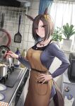  1girl air_groove_(umamusume) animal_ears apron blue_eyes blue_shirt blush bob_cut bow brown_hair collarbone commentary_request cooking cowboy_shot from_side frown hair_over_one_eye hand_on_hip highres holding holding_ladle horse_ears horse_tail inverted_bob jewelry kitchen kuguri_oimo ladle looking_at_viewer necklace pants pot shirt short_hair solo standing sweatdrop tail umamusume yellow_bow 