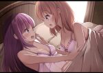 2girls bangs bare_arms bedroom breasts brown_hair camisole cleavage collarbone eye_contact eyebrows_visible_through_hair gochuumon_wa_usagi_desu_ka? hair_between_eyes hair_down highres hoto_cocoa indoors long_hair looking_at_another midriff multiple_girls open_mouth pillow pink_shirt purple_eyes purple_hair shirt sleeveless sleeveless_shirt spaghetti_strap straight_hair sure_ibu tedeza_rize under_covers very_long_hair yuri 