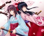  2girls amamiya_sakura bangs black_hair blue_kimono bow brown_eyes brown_hair cherry_blossoms eyebrows_visible_through_hair flower hair_bow hair_ribbon hakama hakama_skirt hiro.t holding holding_sword holding_weapon japanese_clothes katana kimono multiple_girls pink_flower pink_kimono pink_ribbon ponytail red_bow red_skirt ribbon sakura_taisen shin_sakura_taisen shinguuji_sakura skirt smile sword tree weapon 