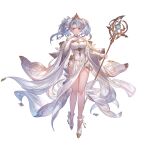 1girl bangs barefoot blue_hair brown_eyes closed_mouth elbow_gloves gloves granblue_fantasy hair_ornament hand_on_own_chest high_heels holding holding_staff long_hair looking_at_viewer official_art solo sophia_(granblue_fantasy) staff standing swept_bangs twintails white_gloves 