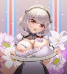  1girl anchor_symbol apron azur_lane breast_rest breasts breasts_on_tray brown_dress carried_breast_rest carrying cherry cleavage collar cowboy_shot cream cream_on_breasts dress egg flower food food_between_breasts food_on_body food_on_breasts fruit holding holding_tray large_breasts lily_(flower) looking_at_viewer maid_headdress metal_collar nipples pastry_bag puffy_short_sleeves puffy_sleeves red_eyes short_hair short_sleeves simple_background sirius_(azur_lane) solo tray white_apron white_flower white_hair xg_epee 