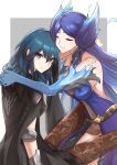  2girls blue_eyes blue_hair blush breasts brighid_(xenoblade) bustier byleth_(fire_emblem) byleth_(fire_emblem)_(female) cape cleavage closed_eyes collarbone ega-chan elbow_gloves fire fire_emblem fire_emblem:_three_houses gloves hair_ornament highres hug itou_shizuka large_breasts long_hair looking_at_viewer multiple_girls pantyhose purple_hair simple_background smile voice_actor_connection xenoblade_chronicles_(series) xenoblade_chronicles_2 