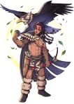  #compass 1boy abs armor arrow_(projectile) belt bird black_cape black_eyes blue_cape blue_footwear bodypaint bow_(weapon) brown_gloves brown_hair cape closed_mouth dreadlocks eagle earrings forehead full_body gloves half-closed_eyes hand_up head_tilt highres holding holding_bow_(weapon) holding_weapon istaqa_(#compass) jewelry kusa_no_oh leaves_in_wind leg_warmers loincloth long_hair looking_at_viewer male_focus mapiya_(#compass) native_american necklace no_shirt official_art pectorals quiver shoes shoulder_armor standing stomach third-party_source weapon white_background 