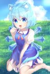 1girl absurdres animal_ear_fluff animal_ears bangs barefoot blue_dress blue_eyes blue_hair blue_sky blush bow bowtie breasts cat_ears cat_tail cirno cloud cloudy_sky collared_shirt commentary_request dress eyebrows_visible_through_hair fang grass hair_between_eyes hand_up highres ice ice_wings light looking_at_viewer medium_breasts no_hat no_headwear open_mouth outdoors puffy_short_sleeves puffy_sleeves red_bow red_bowtie scenery seiza shirt short_hair short_sleeves sitting sky smile solo sunlight tail tongue touhou user_fjra2484 white_shirt wings 