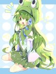  1girl :o animal_costume blush commentary detached_sleeves frog_costume frog_hair_ornament green_hair green_skirt hair_ornament hair_tubes highres kochiya_sanae long_hair long_sleeves nikorashi-ka notice_lines seiza sitting skirt sleeves_past_wrists snake_hair_ornament solo touhou very_long_hair vest white_vest wide_sleeves 