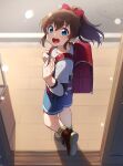  backpack bag bangs blue_eyes blue_shorts blush bow brown_hair check_commentary child commentary_request hair_bow highres idolmaster idolmaster_million_live! kamille_(vcx68) long_hair long_sleeves looking_at_viewer open_mouth outdoors ponytail randoseru red_bag red_bow red_footwear road satake_minako shirt shoes shorts sidelocks socks solo street teeth upper_teeth waving white_shirt yellow_legwear younger 