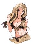  1girl bangs bare_shoulders bikini blonde_hair blue_eyes breasts brown_bikini cleavage fire_emblem fire_emblem:_three_houses fire_emblem_heroes hair_over_shoulder hat large_breasts long_hair looking_at_viewer mercedes_von_martritz midriff navel official_alternate_costume sarong side_ponytail silvercandy_gum smile solo straw_hat swimsuit 