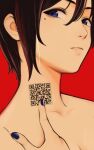  1girl black_hair blue_eyes blue_nails collarbone english_commentary finger_to_neck frown highres looking_at_viewer mole mole_under_eye nail_polish nude original pointing pointing_at_self potato_iida qr_code red_background short_hair simple_background solo 