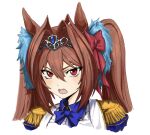  1girl animal_ears bangs blue_bow blue_jacket blush bow brown_hair collared_shirt daiwa_scarlet_(umamusume) epaulettes hair_bow hair_intakes highres horse_ears horse_girl jacket looking_at_viewer open_mouth orrdriver portrait red_bow red_eyes shirt solo tiara twintails umamusume v-shaped_eyebrows white_shirt 