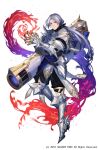  1boy armor armored_boots blue_eyes boots cannon copyright energy full_body gauntlets grimms_notes knight_of_the_silver_moon kyouka_hatori long_hair male_focus official_art ponytail silver_hair simple_background smile solo weapon white_background 