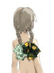  1girl absurdres braid completely_nude facing_away from_behind green_ribbon hair_ribbon highres long_hair nude original plaid plaid_ribbon polka_dot polka_dot_ribbon ribbon simple_background solo twin_braids twintails upper_body white_background yk_(tnkau) 
