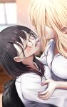  2girls backpack bag bangs black_hair blonde_hair blush bra bra_peek closed_eyes collared_shirt dress_shirt eyebrows_visible_through_hair glasses heart highres hug long_hair mouth_hold multiple_girls mutual_hug original school_bag shirt sigmart03 underwear white_shirt yuri 