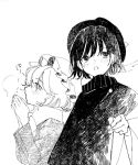  2girls bangs breath capelet cold commentary fedora from_side greyscale hat hat_ribbon jacket long_sleeves maribel_hearn mob_cap monochrome multiple_girls open_mouth own_hands_together ribbon ryokotyu scarf striped striped_scarf touhou usami_renko winter 
