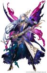  1boy blue_flower blue_hair blue_rose butterfly_wings chaos_oberon copyright flower full_body gloves grimms_notes holding holding_weapon jewelry kyouka_hatori long_hair male_focus official_art open_mouth pointy_ears red_eyes rose solo sword weapon wings 