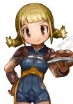  1girl armlet blonde_hair bodysuit braid breasts brown_eyes buchi0122 closed_mouth commentary final_fantasy final_fantasy_xii food highres long_hair looking_at_viewer penelo simple_background smile solo twin_braids twintails white_background 