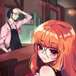  1boy 1girl apron balding beard black_apron black_eyes black_hair collared_shirt eating_the_chess_pieces_(meme) emi_star english_commentary eyebrows_visible_through_hair facial_hair glasses hair_behind_ear hand_on_own_head highres meme orange_hair persona persona_5 pink_shirt red_eyes sakura_futaba sakura_soujirou shirt textless 