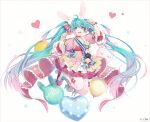  1girl :d ahoge animal_ear_fluff animal_ears aqua_hair arm_up balloon blue_eyes boots bow character_name commentary cross-laced_footwear dress flower gradient_hair hair_bow hakusai_(tiahszld) hand_up hatsune_miku heart heart_balloon lace-up_boots long_hair looking_at_viewer midair multicolored_hair open_mouth pink_dress pink_hair puffy_short_sleeves puffy_sleeves rabbit_ears red_bow revision roller_skates rose short_sleeves skates smile solo striped striped_bow teeth thighhighs thighhighs_under_boots twintails upper_teeth very_long_hair vocaloid white_background white_footwear white_legwear yellow_flower yellow_rose 