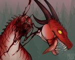  blood bodily_fluids bone cut_(disambiguation) decapitation dragon female feral food gore hole_(disambiguation) horn kolkolukija meat open_mouth portrait red_body saliva scalie sharp_teeth spikes teeth tongue yellow_eyes 