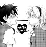  1boy 1girl blush cecilia_lynne_adelhyde earrings happy_valentine highres jewelry monochrome open_mouth protected_link rody_roughnight short_hair simple_background white_background wild_arms wild_arms_1 yururi-ra 
