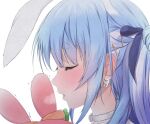  1girl absurdres animal_ears bangs blowing_in_ear blue_hair blue_ribbon blush breath choker closed_eyes ear_blush earrings extra_ears eyebrows_visible_through_hair from_side hair_ornament hair_ribbon hairclip highres hololive jewelry long_hair maccaron61 multicolored_hair nousagi_(usada_pekora) parted_lips portrait profile rabbit_ears ribbon simple_background solo streaked_hair thick_eyebrows usada_pekora virtual_youtuber white_background white_choker white_hair 