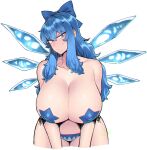  1girl bikini bikini_bottom_only blue_eyes blue_hair blush breasts cirno covered_nipples cowboy_shot highres huge_breasts ice ice_wings long_hair looking_at_viewer older pasties solo spacezin star_pasties swimsuit touhou wings 