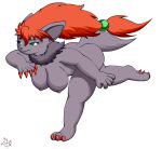 3_toes 5_fingers anthro bent_over black_body black_fur breasts butt claws feet female fibs fingers fur green_eyes hair hanging_breasts neck_tuft nintendo on_one_leg pok&eacute;mon pok&eacute;mon_(species) red_hair simple_background solo standing toes tuft video_games white_background zoroark 