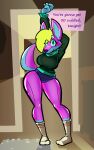  2022 animate_inanimate anthro aygee blonde_hair breasts canid clothing dialogue digital_media_(artwork) door female footwear green_eyes hair hi_res inflatable inside living_inflatable looking_at_viewer mammal pink_body purple_nose shirt smile socks sofi_(aygee) solo standing topwear underwear wide_hips 