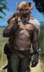  2022 abs anthro athletic backpack chunie detailed_background digital_media_(artwork) grin hi_res hyaenid looking_at_viewer male mammal melee_weapon navel nipples outside shirtless smile solo standing sword weapon 