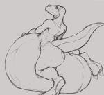  anthro belly big_belly big_butt bloated butt claws dinosaur female heather_(susfishous) hyper hyper_belly inflation looking_at_viewer looking_back monochrome nude reptile scalie solo susfishous 