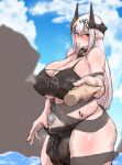  1girl arknights armband bangs bare_shoulders blurry blurry_background blush breasts bulge cleavage clothes_pull cloud cloudy_sky covered_navel covered_nipples cowboy_shot eyebrows_visible_through_hair futanari hair_between_eyes holding_hands long_hair looking_at_viewer masso_nullbuilt mudrock_(arknights) mudrock_(silent_night)_(arknights) out_of_frame outdoors parted_lips pointy_ears sidelocks skindentation sky straight_hair swimsuit_pull thick_thighs thighs tsurime white_hair 