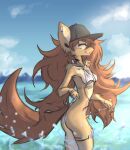  anthro apogee_(tinygaypirate) arm_tuft beach bikini bikini_bottom bikini_top black_nose bottomless breasts brown_body brown_fur brown_hair butt canid canine canis clothed clothing day domestic_dog ear_piercing elbow_tuft eyes_closed facial_markings female fur furgonomics gauged_ear hair hat head_markings headgear headwear hi_res inner_ear_fluff leg_tuft long_hair mammal markings messy_hair outside piercing raised_arms seaside side_boob slim small_breasts smile solo spitz standing swimwear tinygaypirate tuft undressing untied_bikini water wet 