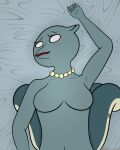  adventure_time animal_humanoid anthro avian avian_humanoid bed blush breasts cartoon_network featureless_breasts female first_person_view furniture gem gunter_(dream_world_form) hi_res humanoid jewelry laying_on_tail lying necklace on_back on_bed pearl_(gem) pearl_necklace pem-sama solo 