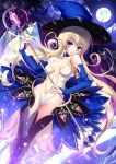  1girl ayakichi blonde_hair blue_nails breasts elf fingernails full_moon hat holding holding_wand long_hair looking_at_viewer medium_breasts moon nail_polish navel night original pointy_ears purple_eyes solo very_long_hair wand witch witch_hat 