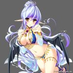  1girl ayakichi blue_hair blue_nails breasts bubble earrings elf embarrassed fingernails grey_background jewelry large_breasts long_hair looking_at_viewer magia_break nail_polish navel pointy_ears revealing_clothes simple_background solo very_long_hair wings yellow_eyes 