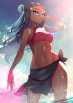  1girl aqua_hair bare_arms black_hair black_sarong blue_eyes blue_eyeshadow breasts cloud commentary_request dark-skinned_female dark_skin day earrings eyelashes eyeshadow floating_hair from_below hair_bun hand_up highres hoop_earrings jewelry lens_flare long_hair makeup multicolored_hair navel nessa_(pokemon) outdoors pokemon pokemon:_twilight_wings red_swimsuit rindoriko sarong sky solo sparkle swimsuit two-tone_hair wading water 