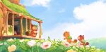  backpack brown_body brown_nose building canid canine chibi cloud eyes_closed flower group hi_res house leaf mammal mariam_hachmi navel outside plant raccoon_dog taki_tanuki tanuki x_navel 
