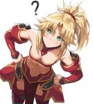 1girl ? armor bandeau bangs bare_shoulders black_legwear blonde_hair blush braid breasts collarbone detached_collar detached_sleeves fate/apocrypha fate_(series) faulds french_braid green_eyes hair_ornament hair_scrunchie highres leaning_forward leaning_to_the_side long_hair looking_at_viewer mordred_(fate) mordred_(fate/apocrypha) navel parted_bangs pelvic_curtain ponytail scrunchie sidelocks simple_background small_breasts solo thighhighs thighs tonee unfinished 