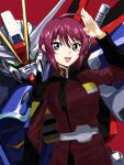  1girl breasts green_eyes gundam gundam_seed gundam_seed_destiny highres impulse_gundam jacket lunamaria_hawke mecha medium_breasts military military_uniform mobile_suit open_mouth orrdriver pink_hair purple_eyes red_background red_jacket salute short_hair smile uniform v-fin v-shaped_eyebrows 