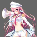  1girl ayakichi breasts gloves grey_background hat large_breasts long_hair looking_at_viewer magia_break megaphone navel necktie pink_hair purple_eyes simple_background solo very_long_hair white_gloves 