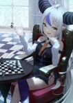 1girl absurdres ahoge ascot bangs bare_shoulders black_dress braid braided_bangs checkered_floor chessboard demon_horns dress eyebrows_visible_through_hair feet_out_of_frame hair_between_eyes hands_up highres holding_chess_piece hololive horns indoors la+_darknesss light_blush long_sleeves looking_at_viewer multicolored_hair open_mouth pointy_ears purple_hair purple_legwear sideways_glance single_leg_pantyhose sitting smile solo streaked_hair table virtual_youtuber wannatchears white_hair yellow_ascot 