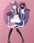  1girl :d absurdres animal_ears animal_hands ankle_boots apron asymmetrical_clothes asymmetrical_skirt bell black_bow black_bowtie black_hair black_legwear blue_dress blue_headwear blue_skirt boots bow bowtie brown_footwear cat_ears cat_paws cat_tail colored_inner_hair cross-laced_footwear dress eyebrows_visible_through_hair fake_animal_ears fang flower frilled_apron frilled_dress frilled_skirt frilled_sleeves frills gloves gradient_eyes hair_between_eyes hair_flower hair_ornament highres hina_misora knees_together_feet_apart lace-up_boots leg_garter lolita_fashion long_hair looking_at_viewer maid_apron mary_yerlein multicolored_clothes multicolored_eyes multicolored_hair multicolored_skirt neck_bell open_mouth paw_gloves paw_pose pink_background pink_eyes pink_hair pink_skirt plaid plaid_dress plaid_kimono ribbon-trimmed_sleeves ribbon_trim skirt smile standing streaked_hair striped striped_skirt symbol-shaped_pupils tail teeth thigh_strap thighhighs two-tone_hair upper_teeth v-shaped_eyebrows vertical-striped_skirt vertical_stripes virtual_youtuber wa_lolita wactor_production white_apron white_flower wide_sleeves yellow_eyes zettai_ryouiki 