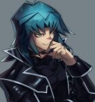  1boy aqua_eyes aqua_hair bangs black_coat card coat duel_academy_uniform_(yu-gi-oh!_gx) evil_smile eyeshadow frown gradient_hair holding holding_card long_hair looking_to_the_side makeup male_focus marufuji_ryou multicolored_hair nodo_sn official_alternate_costume open_clothes open_coat pectorals sidelocks smile solo toned toned_male upper_body yu-gi-oh! yu-gi-oh!_gx 