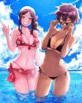  2girls absurdres beach bikini black_bikini black_eyes black_hair breasts cleavage collarbone english_commentary highres j._artur kurobe_natsumi_(shiromanta) large_breasts looking_at_viewer medium_hair mole mole_under_eye multiple_girls navel print_sarong red_bikini red_sarong sakurai_touko sarong senpai_ga_uzai_kouhai_no_hanashi short_hair side-tie_bikini sidelocks skindentation sky slit_pupils smile stomach sunglasses swimsuit v water yellow_eyes 