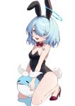  1girl :d animal_ears arona_(blue_archive) ayaha_4780828 blue_archive blue_eyes blue_hair bow bowtie braid eyebrows_visible_through_hair hair_over_one_eye halo high_heels highres looking_at_viewer playboy_bunny rabbit_ears rabbit_tail red_bow red_bowtie red_footwear short_hair single_braid smile solo tail whale white_bow 