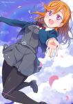  1girl airborne bangs birthday blush breasts cloud cloudy_sky commentary kitahara_tomoe_(kitahara_koubou) long_hair looking_at_viewer love_live! love_live!_superstar!! medium_breasts orange_hair pantyhose petals purple_eyes rainbow school_uniform shibuya_kanon sky smile solo twitter_username yuigaoka_school_uniform 