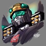  1boy 2022 autobot crosswise english_commentary grey_background head_tilt looking_ahead mecha portrait smile solo transformers transformers_cybertron visor zeromayhem 